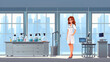 beautiful woman stand in front of a laboratory lab background,illustration cartoon style