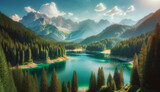 Amazingly beautiful summertime landscape with a mountain lake with emerald water surrounded by coniferous forests and majestic mountains 