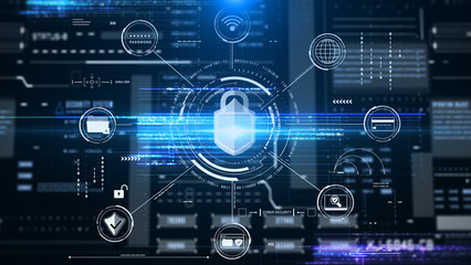 Poster - Technology data protection cyber security on digital data background. HUD circular with padlock privacy secure concept illustration.