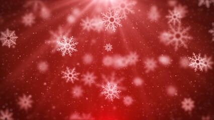 Aufkleber - Snowflakes particle falling on red background with lens flares. Abstract white blurred bokeh, glitter light illustration background.