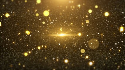 Aufkleber - Golden glittering sparkle, flickering particle fly through concept. Glamour gold lens flare, bokeh dynamic flowing in the air, space for new year, Christmas Illustration Background.