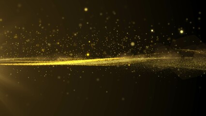 Aufkleber - Abstract golden horizontal wave flowing with bokeh for new year festival illustration. Glittering gold particle background greeting merry Christmas footage with lens flare shinning light.
