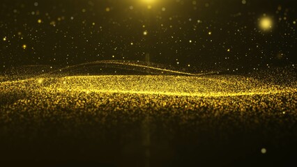 Aufkleber - Glittering gold horizontal wave particle flowing dynamic with blinking bokeh illustration background.