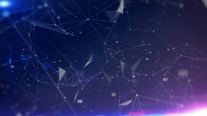 Leinwandbilder - Technology digital line corner structure cyber data network connection concept. Abstract geometric, triangle shape moving with number particle floating in blue background illustration.