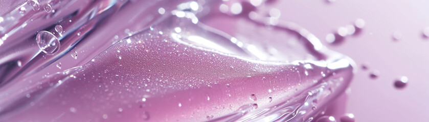  Glossy purple fluid texture with glitter, shiny particles, perfect for beauty and skincare ads, artistic backgrounds, or luxury product visuals. Close up view. Panoramic banner.