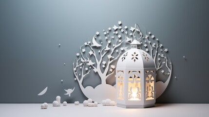 3d paper cut art illustration of lantern for ramadan kareem, eid al fitr and al adha mubarak greeting banner. islamic greeting cover card