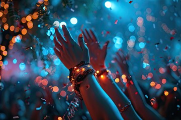 Poster - Raised hands with multicolored light wristbands, illuminated by beams of white and blue light. Confetti floats around them, with a bokeh effect background.