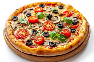 Delicious vegetarian pizza with champignon mushrooms, tomatoes, mozzarella, peppers, and black olives, isolated on a white background, isolated, close-up