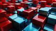 Abstract background of red and blue cubes. Blocks stacked in a chaotic order with reflections.