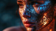 Portrait Of A Beautiful Girl With Brown Eyes On A Dark Blue Blurred Background With Neon Letters On The Skin. Close-up.