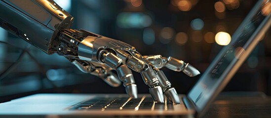 Poster - Robot hand working with laptop in the office
