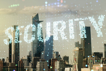 Poster - Virtual cyber security creative concept on New York city office buildings background. Double exposure