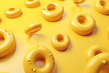 Abstract 3D Composition With Yellow Torus Shapes And Scattered Spheres On A Pastel Background.