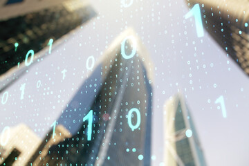 Aufkleber - Abstract virtual binary code sketch on blurry cityscape background, hacking and matrix concept. Multiexposure