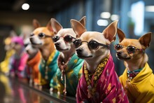 Chihuahuas In Colorful Attire, Lined Up, Radiating Personality And Fashion-forward Thinking