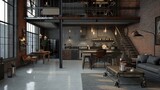 Fototapeta  - Interior Design Mockup: An industrial loft featuring exposed brick walls, concrete flooring, raw metal shelving, and Edison bulb lighting