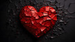 Dry cracked red paint heart on a dark background, top view. Concept of broken heart