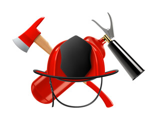 Firefighter helmet or and crossed axes with a fire extinguisher isolated on white background. Realistic 3d vector illustration