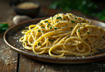 Wall Mural - Closeup spaghetti cacio e pepe with parsley on top of a wooden table