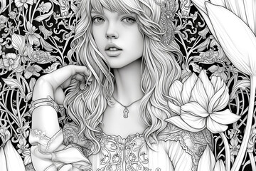 Portrait beautiful girl with flower. Sketch for coloring book