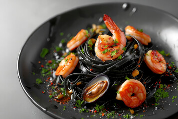 Wall Mural - Closeup pasta al nero with seafood, pepper, and parsley on a black plate, isolated on a white 