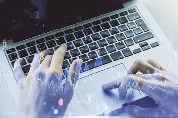 Poster - Abstract creative analytics data spreadsheet with hands typing on laptop on background, analytics and analysis concept. Multiexposure