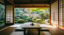 Interior Design Mockup: A Japanese-style Tea Room With Tatami Mats, Sliding Shoji Screens, A Low Wooden Table, And A Tranquil Zen Garden View