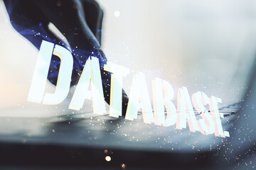 Aufkleber - Double exposure of creative Database word hologram and hands typing on laptop on background, research and development concept