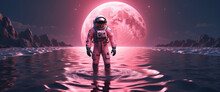 Astronaut Walking Into A Unknown Plant. Pink Moon, Cosmos