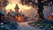 Goldene Winterabendstimmung im verschneiten Dorf.