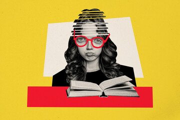 Poster - Collage picture banner young girl librarian nerd bookworm student read encyclopedia story novel fiction feel bored clever smart glasses