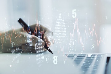 Poster - Multi exposure of abstract financial diagram with hand writing in notepad on background, banking and accounting concept