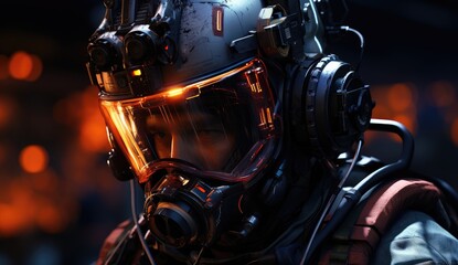 A futuristic warrior donning a sleek suit of armour, complete with a breastplate and robotic enhancements, gazes confidently through his goggles as he prepares for battle as a fictional character