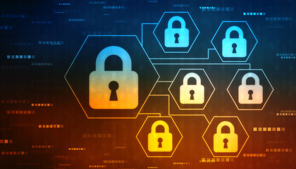 Poster - cyber security and safety information, personal data concept. digital padlocks on abstract technolog