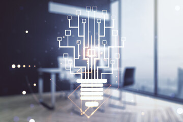 Poster - Creative idea concept with light bulb and microcircuit illustration and modern desktop with computer on background. Neural networks and machine learning concept. Multiexposure