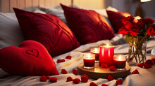 Valentines Day Bedroom Concept With Red Roses And Candles