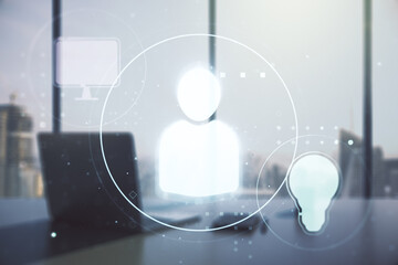 Aufkleber - Double exposure of social network icons concept and modern desktop with laptop on background. Marketing and promotion concept