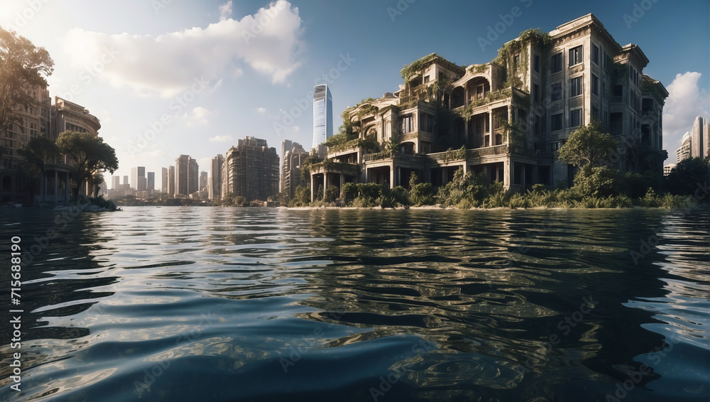 Coastal city experiencing flooding from rising sea levels with ...