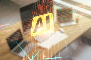 Poster - Double exposure of creative artificial Intelligence icon and modern desktop with laptop on background. Neural networks and machine learning concept