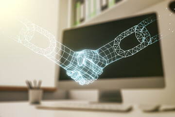Poster - Creative abstract block chain technology sketch with handshake and modern desk with computer on background, future technology and blockchain concept. Double exposure