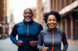 An african american couple of middle aged adults running in the morning, healthy lifestyle jogging, happy run