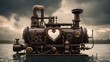old locomotive  A steampunk love background with a heart on water. The heart is a metal device that is powered by steam 