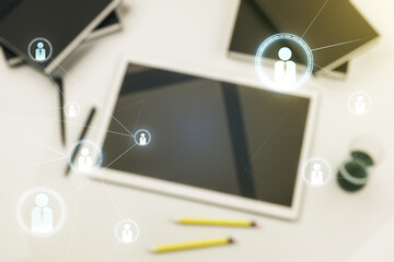 Aufkleber - Social network media concept and modern digital tablet on desktop on background, top view. Double exposure
