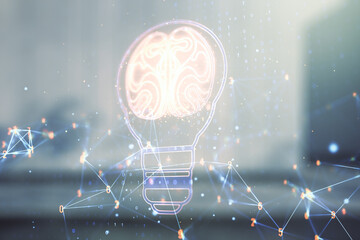 Poster - Abstract virtual idea concept with light bulb and human brain illustration on blurry modern office building background. Neural networks and machine learning concept. Multiexposure