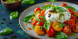 Italian salad with Burrata cheese and tomatoes. caprese with burrata cheese, cherry tomatoes, pesto sauce and basil.