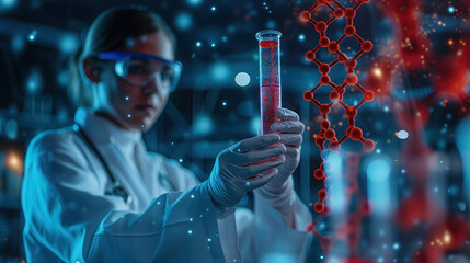 Wall Mural - doctor and medical assistant robot analysis and testing result of dna on modern virtual interface, s