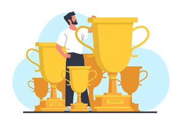 Wall Mural - successful man among his accomplishments and golden cups. award goblets. business victory. male lead