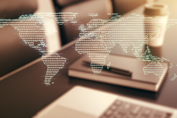 Poster - Multi exposure of abstract creative digital world map on modern laptop background, tourism and traveling concept