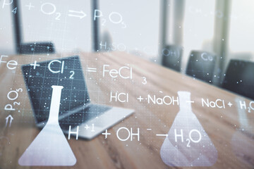 Poster - Double exposure of creative chemistry concept on laptop background, research and development concept