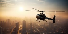 Helicopter Flies Over The City. A Helicopter Flies In The Sky. Generative AI. View Of A Flying Helicopter. City View From Above